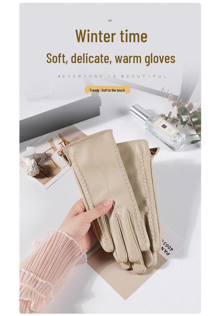 Warme Damen-Handschuhe aus PU-Leder mit Stickerei - Herbst/Winter Koreanischer Stil, Figurbetont, Samtfutter, Extra Dick für Radfahren und Autofahren