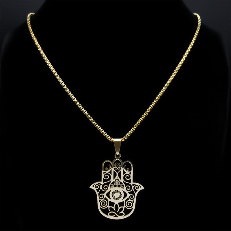 Flower of Life Fatima Hamsa Hand Pendant Necklace for Women Men Stainless Steel Gold Om Lotus Eye Chain Jewelry N8083S01
