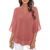 Women V Neck Chiffon Blouse With Split Three Quarter Sleeves Casual Layered Top