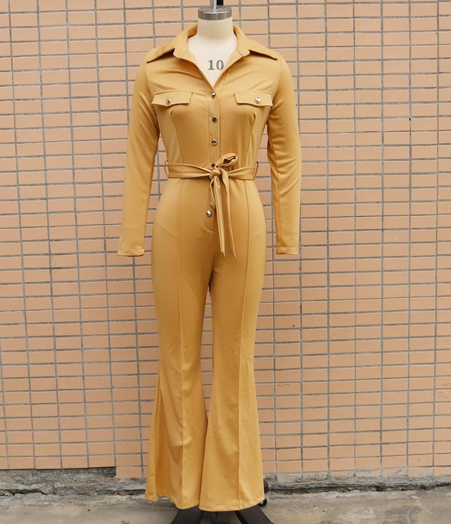 2025 Autumn/Winter Long-Sleeve Shirt Collar Jumpsuit with Mid-Waist Long Pants