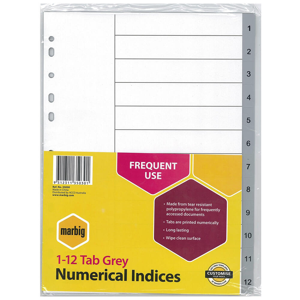 Marbig Numerische Register & Trennblätter A4 (grau) (1-12 Tab)