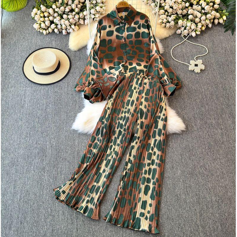 

Fashion Suit Women s Fashion Loose Lantern Sleeve Print Shirt Two-piece Set Casual High Waist Pleated Wide-Leg Trousers Spring Apricot Coffee Base Blue Print One size