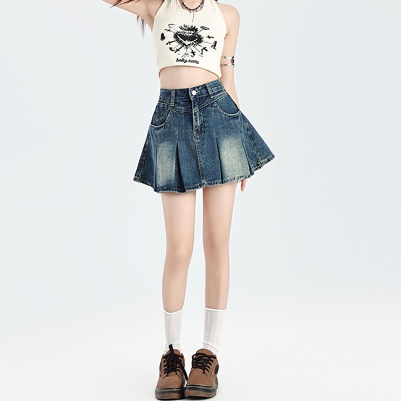 Spring-Summer High Waist Retro Denim Pleated Mini Skirt for Women