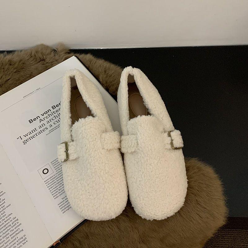 Flat-bottomed fluffy shoes for women's outer wear 2025 new autumn and winter one-pedal piled laden shoes gentle white Mary Jane cotton shoes