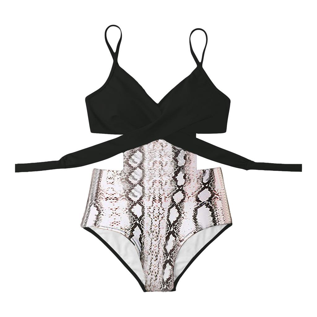 Women Sexy Bikini Swimwear One-Piece Print Patchwork Swimsuit Swimming Beachwear