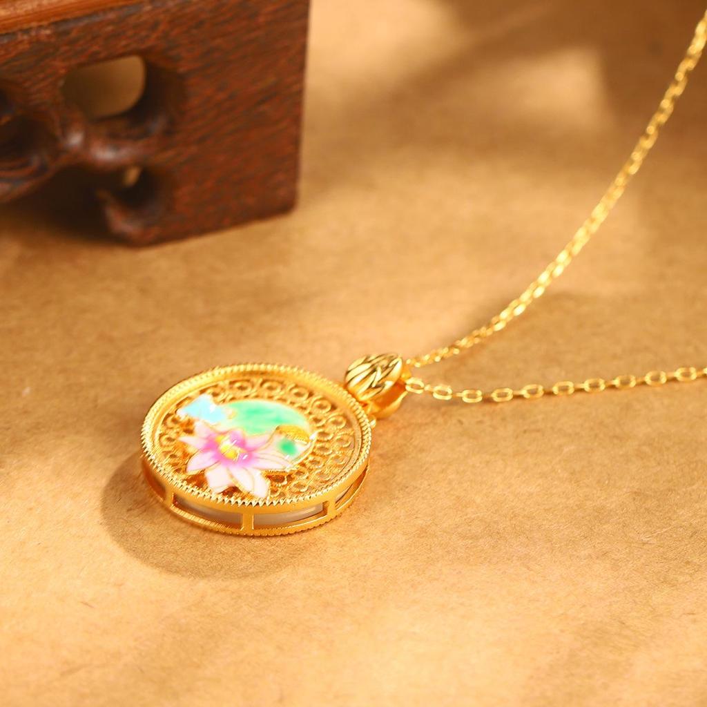 Chinese Lotus Enamel Pendant Necklace: Vintage Style, Hollow Design, Clavicle Chain, High-End.