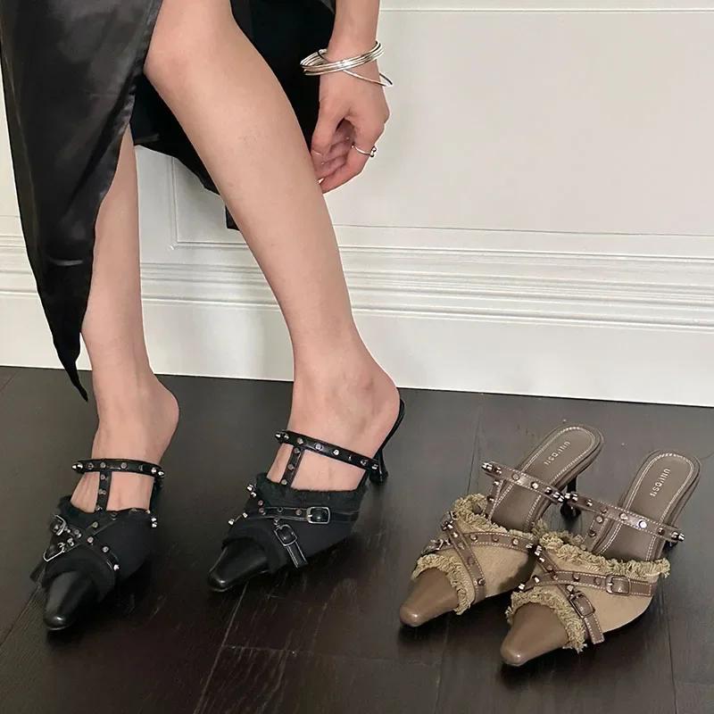 Female Shoes For Thin High Heels Pointed Toe Elegant Ladies Sandals Slingbacks Slides 2025 Footwear Black Women Pumps