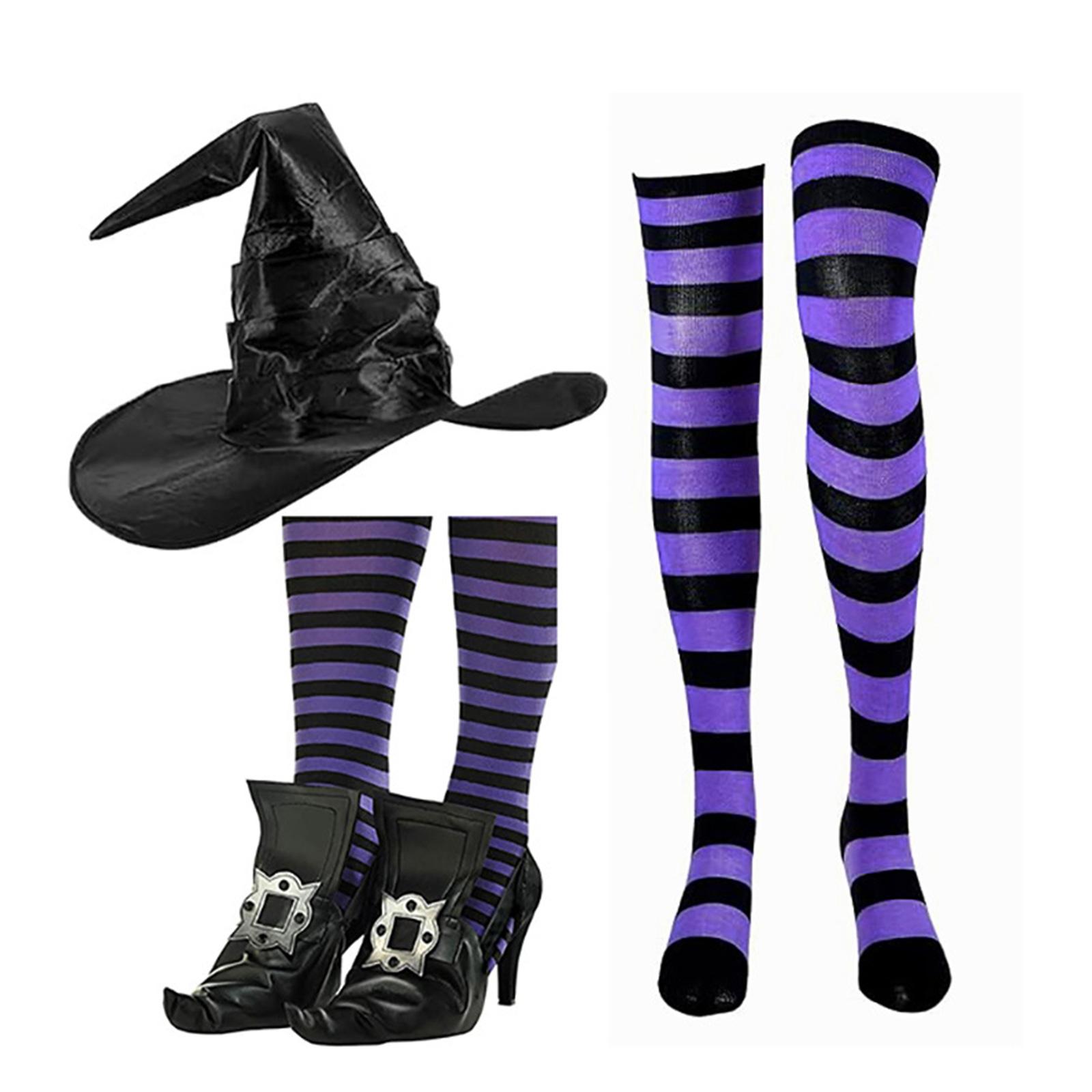 

Halloween Witch Dress up Outfit Accessories for Women, Includes Witch Hat Witch Shoe Cover Striped Stockings for Cosplay