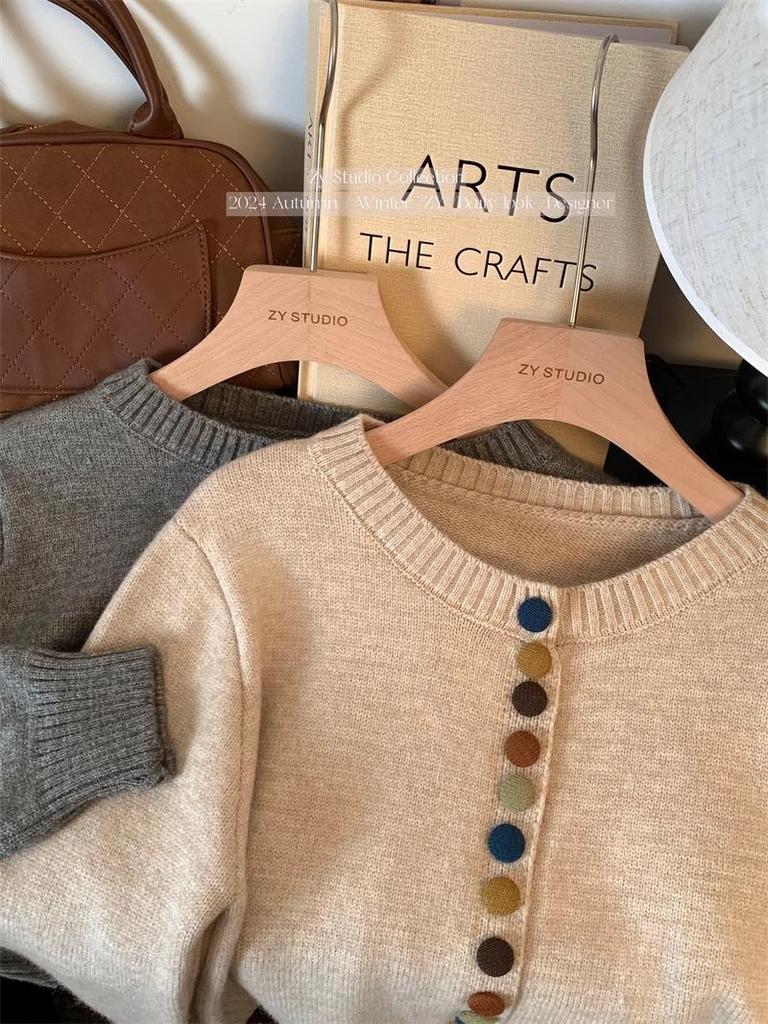 Women's Autumn 2024 Red Knitted Sweater Cardigan - Colorful Button, Crew Neck, Long Sleeve, Soft Angora Blend.