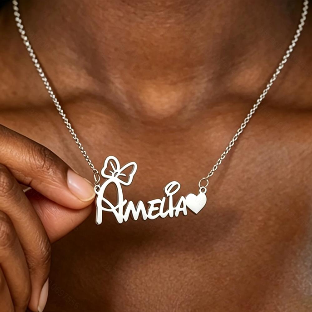 Custom Elegant Charm With Heart Name Bow Necklace For Women Girls Birthday Personalized Stainless Steel Christmas Jewelry Gift