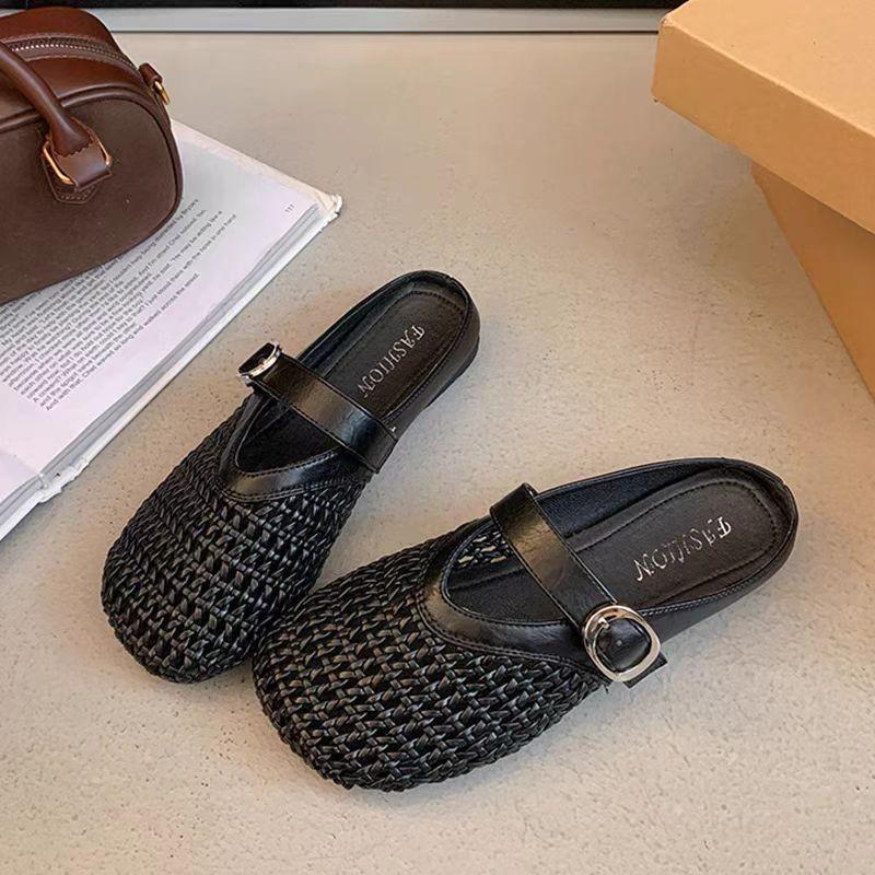 Flache hohle gewebte Mesh-Slipper 2025 Sommer neue lässige weichsohlige vielseitige Ein-Pedal-Taschenkopf-Halbschalen-Schuhe