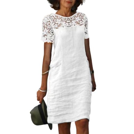 

Женское летнее платье, ажурное кружевное платье с коротким рукавом, сплошной цвет, свободная повседневная одежда, платье миди с цветочным принтом и круглым вырезом, женская одежда L белый