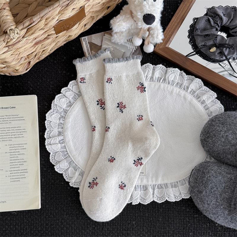 Floral Wool Socks - Children's Autumn and Winter Woolen Textured Mid-length Socks with Added Thickness for Warmth. Trendy Pile Socks for Winter.