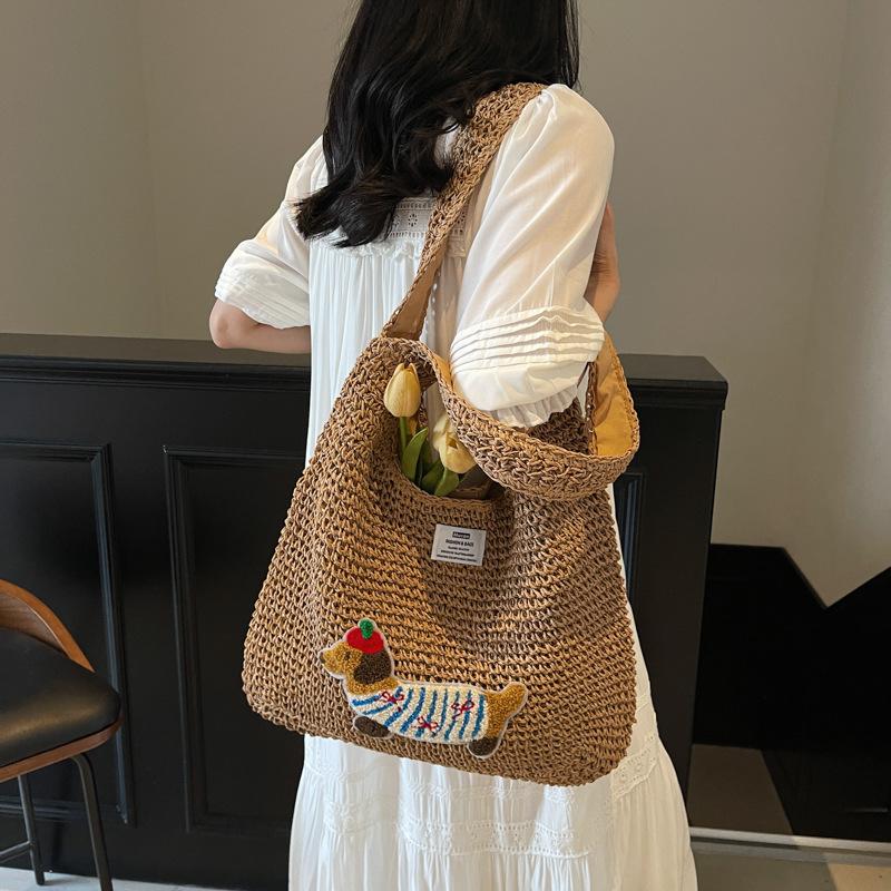 New fashion woven dachshund dog shoulder women's bag large capacity cotton rope tote bag vacation beach tote bag bag
