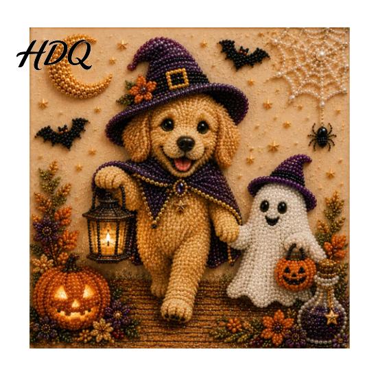 Cute Halloween Party Favors Faux Pearl Painting Kit, Puppy Ghost 3D Art Craft DIY Mosaic for Adults Beginners, Home Wall Decor, Stress Relief