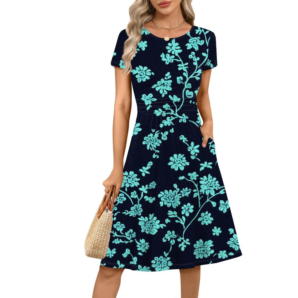 Damen Freizeitmode Rundhals Plissee Kurzarm Retro Floral A-Linie Midi Kleid