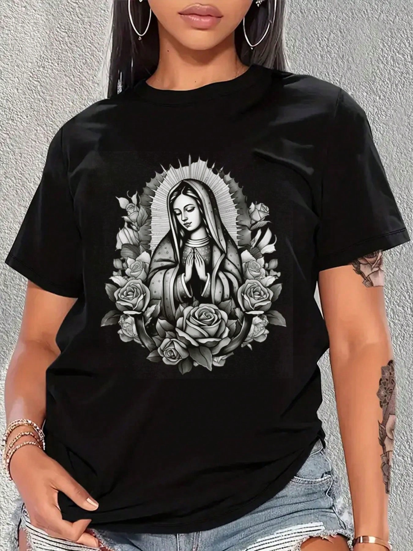 Religious Virgin Mary Roses Graphic T-shirt XXXL