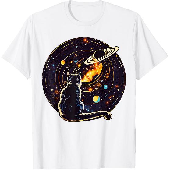 Cat Dad, Lover T-Shirt: Cat Staring at Planet Saturn