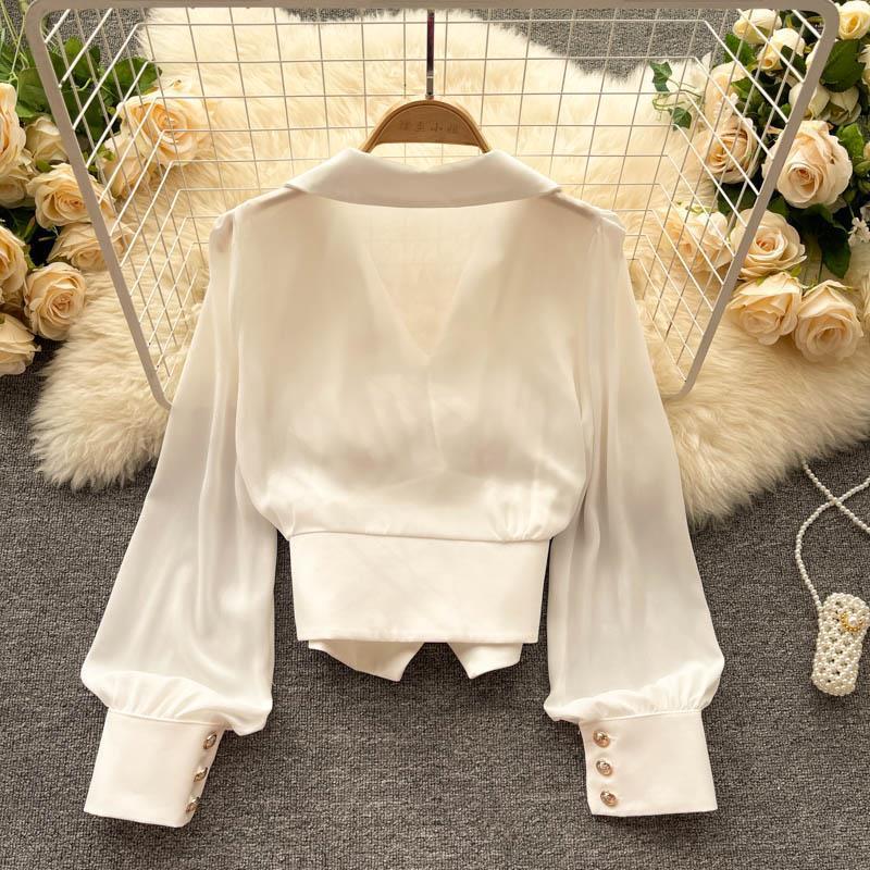 Women French Style Shirt Lapel V-neck Puff Long Sleeve Shirt Buttons Decor Blouse Irregular Hem Solid Color Tops