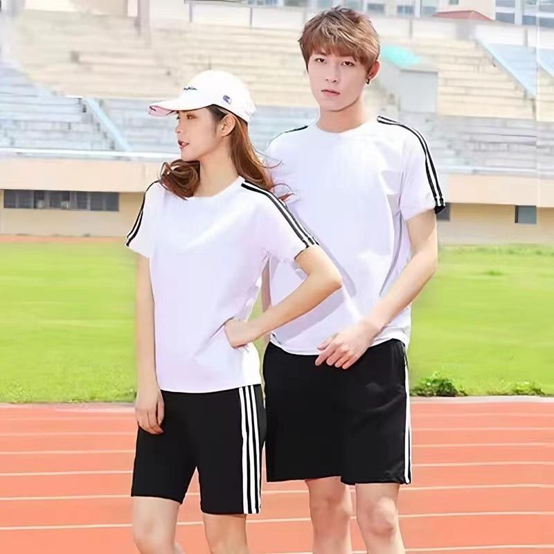Unisex Trendy Three-Stripes Casual Sports Suit - Plus Size Short Sleeve and Shorts Set