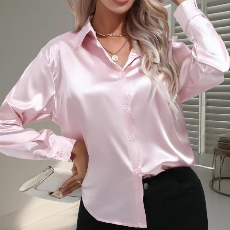 Elegant Satin Long Sleeve Blouse Women Summer Spring Casual Shirt Faux Silk Tops Single Breasted Basic Shirts