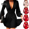 Women Dress Low Cut Deep V Neck Long Lantern Sleeves Solid Color Tight Waist Pleated A Line Big Swing Commute Lady Spring Summer Mini Dress