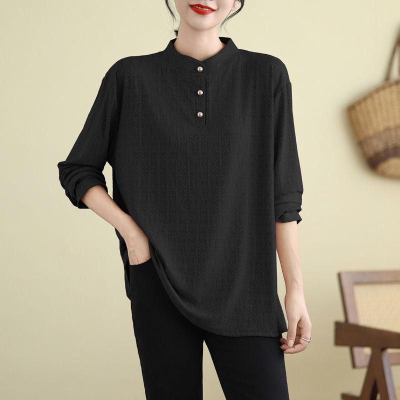

Осенне-зимняя жаккардовая свободная рубашка с длинными рукавами, женская базовая рубашка больших размеров для людей среднего возраста, тонкие рубашки в стиле «пожилой человек» 2XL чёрный