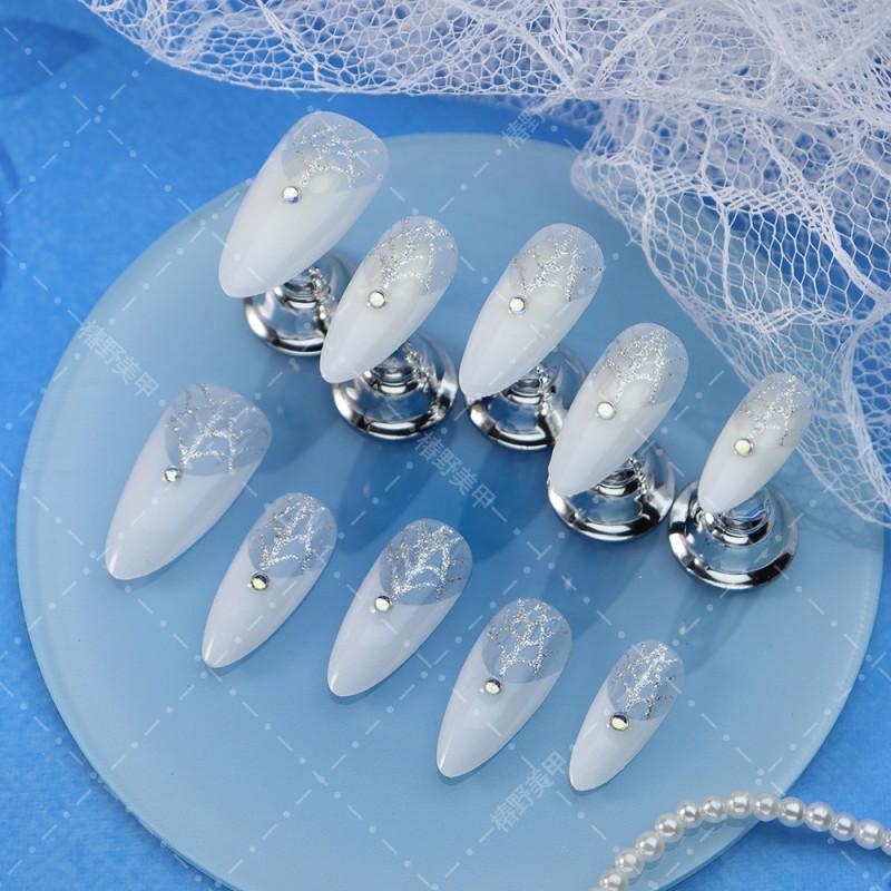 Handmade Press-On Nails White French Almond Shape With Rhinestones Line Design Women Halloween Party