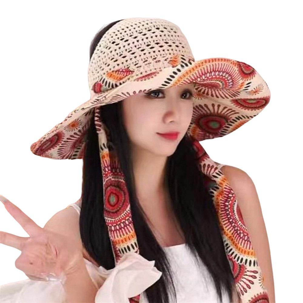Breathable Beach Straw Hat Exquisite Flower Foldable Flower Sun Hat Large Eaves UV Protection Sun Protection Hat