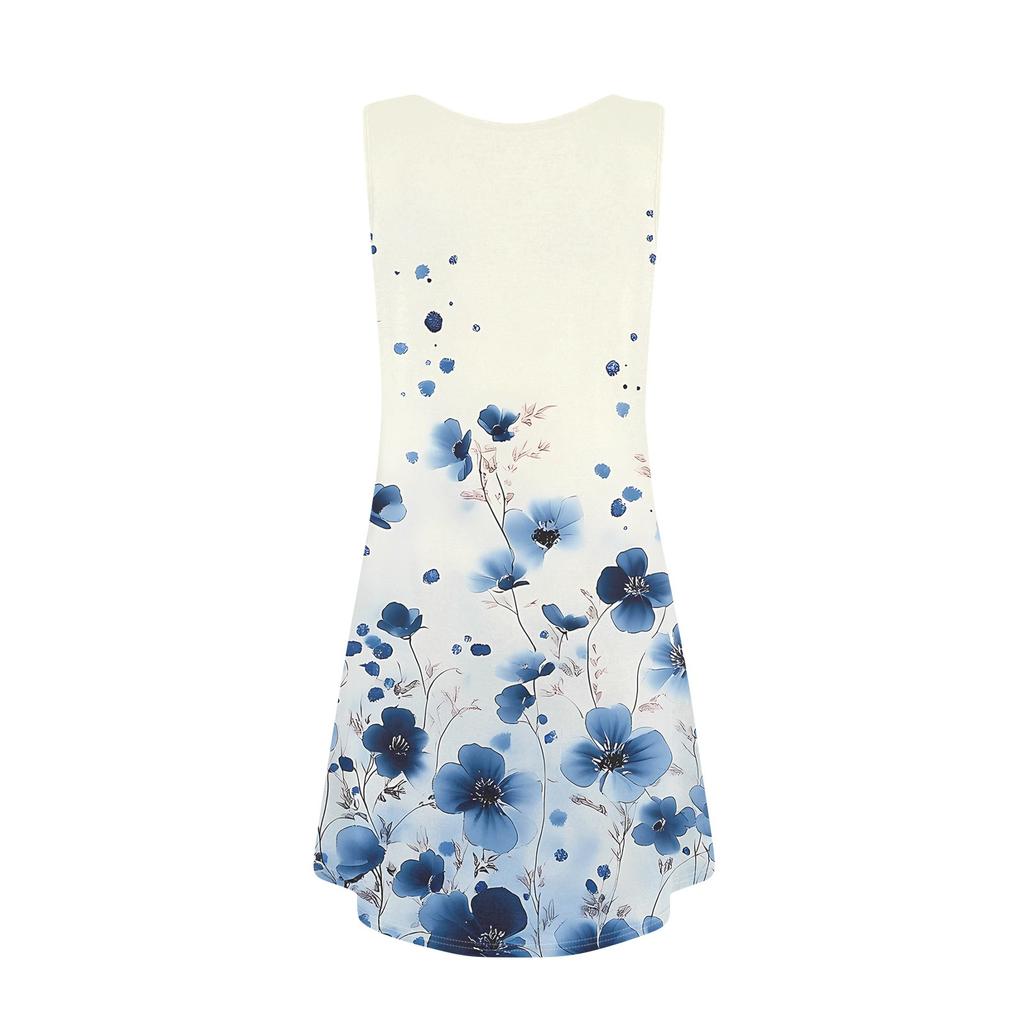 Damen Sommer Casual U-Ausschnitt Blumendruck Kleid Ärmelloses Kleid mit Taschen