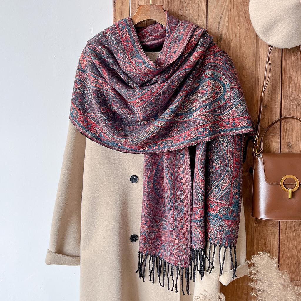 Classic Ethnic Style Popular Cashew Jacquard Fringed Long Scarf Women'S Water Ripple Imitation Cashmere Scarf Going Out Elegant Shawl