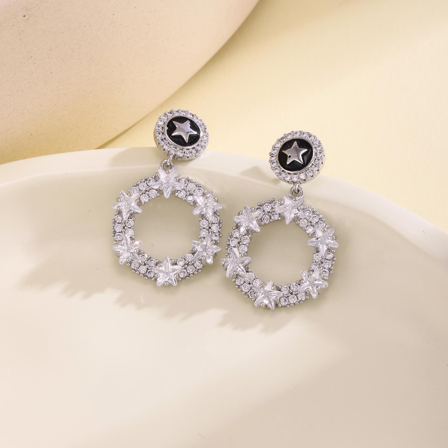 

Nidin New Trendy Star Round Drop Earrings Shiny Crystal Zircon Paved Vintage Style Ear Jewelry For Women Birthday Party Gifts серебряный
