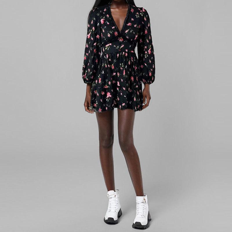 2025 Spring European & American Women's Sweet Print V-Neck Short Dress with Lace Waist