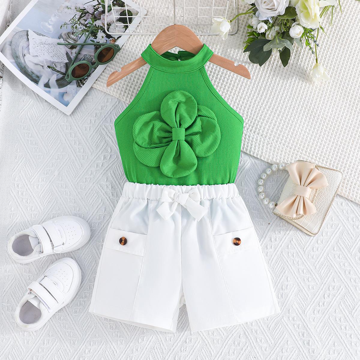 

9M-5Y Одежда для девочек Детский комплект Модный жилет Топ Цветок + шорты 2 шт. 3-4Y зелёный