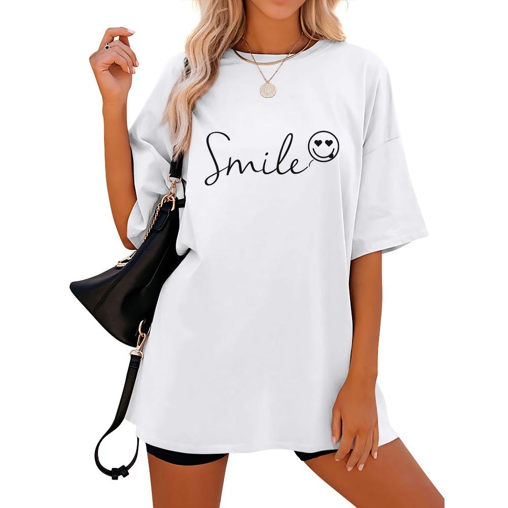 Tricou de damă cu mânecă scurtă, cu imprimeu lejer și mânecă scurtă, cu guler rotund și umăr căzut