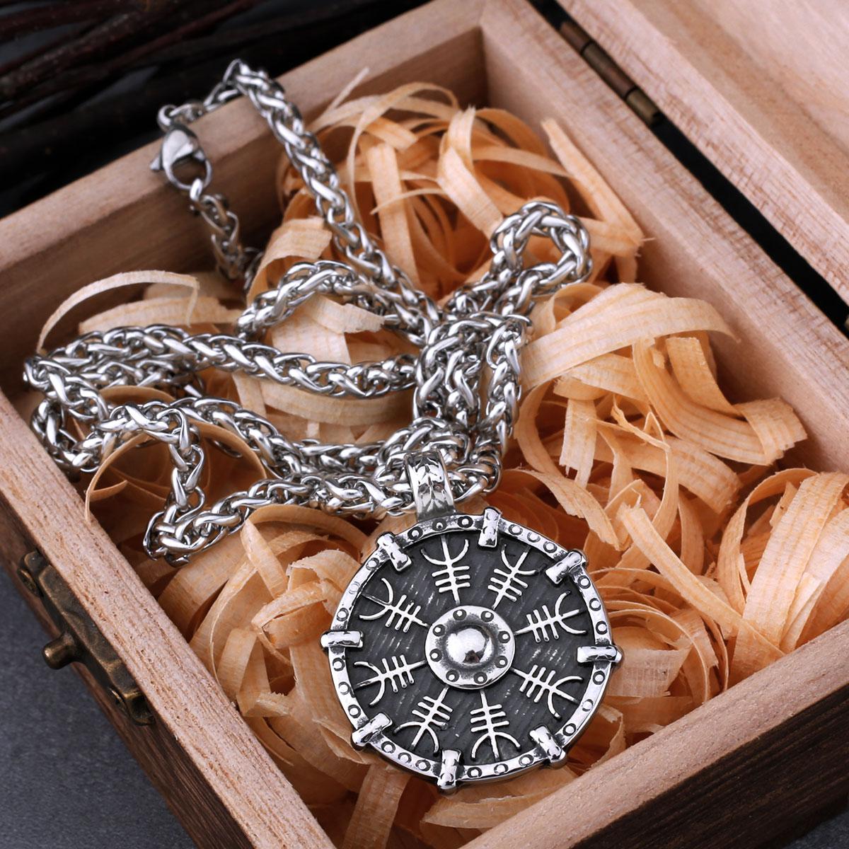 

Stainless Steel Viking Rune Compass Necklace for Men Vintage Awe of Helmet Protective Amulet Pendant Necklace Charm Jewelry Gift