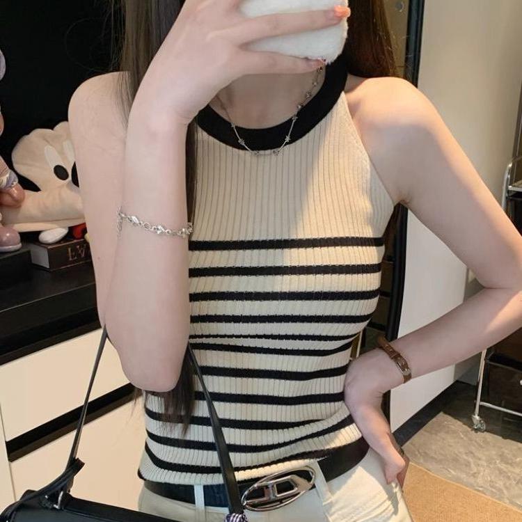 Sweet Hot Girl Striped Knitted Vest Women's Summer Slim Fit Short Sleeveless Camisole Outer Top