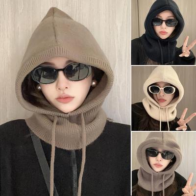2024 Knitted Balaclava Hats Neck Ring Snood Ear Protection Beanies Men Women Hooded Caps Unisex Warm Drawstring 1Pcs Solid Color