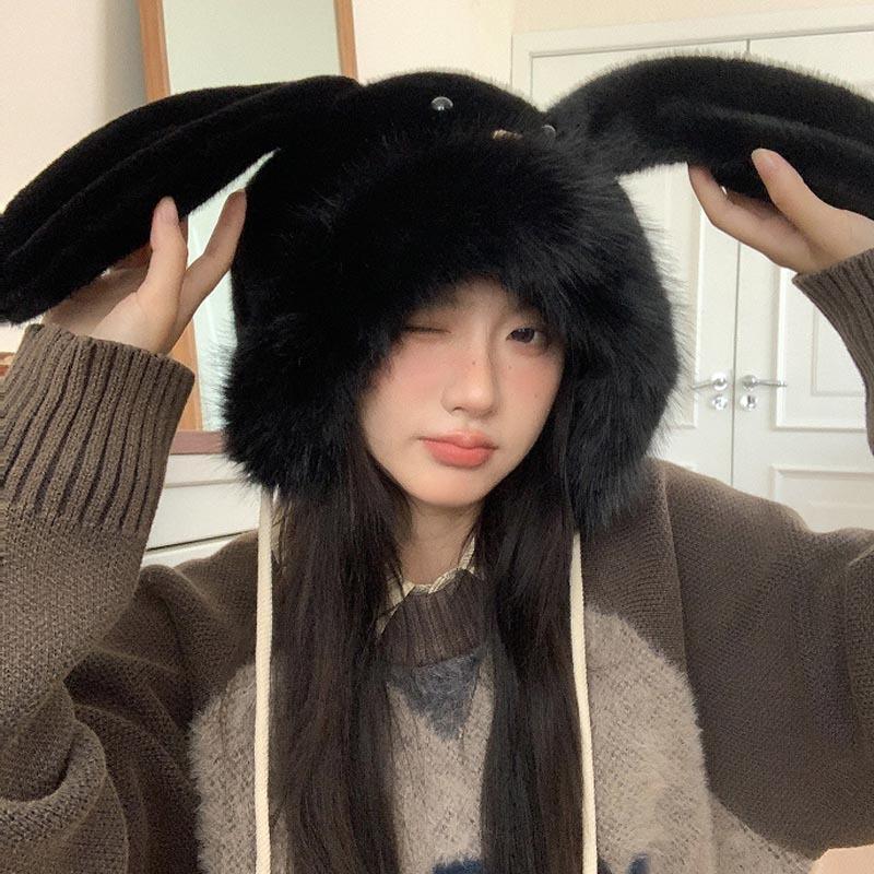 Cute Rabbit Ears Plush Hat Women's Autumn and Winter Cold Riding Ear Hat Plush Warm Lei Feng Hat