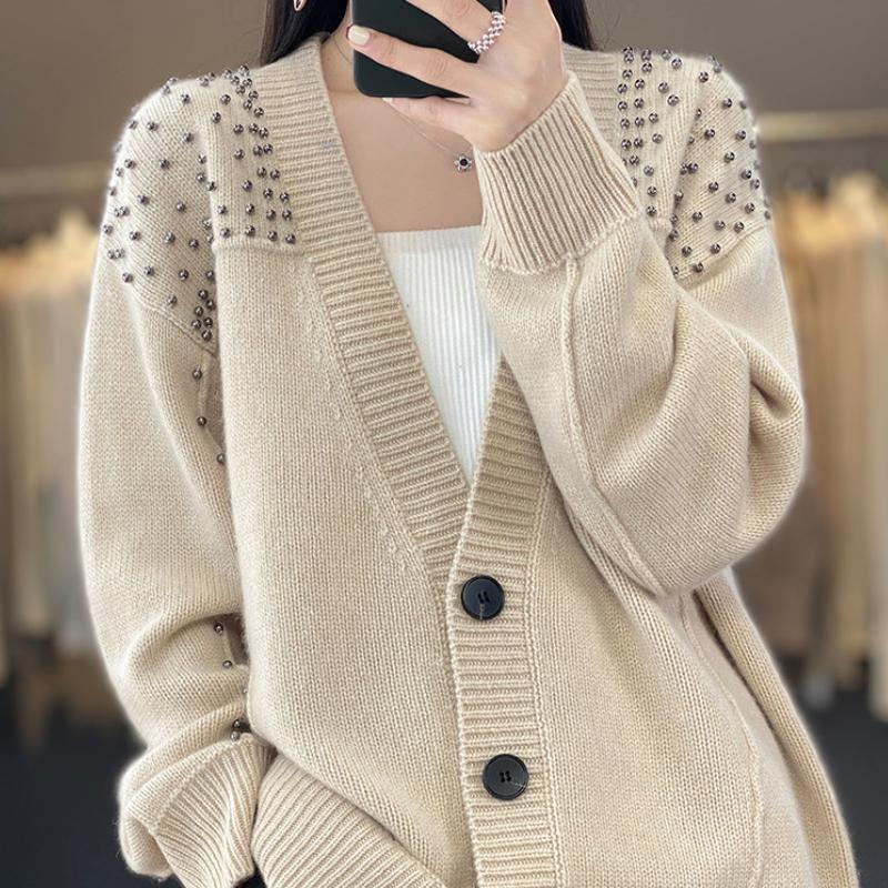 V-Ausschnitt Strickjacke aus Wolle für Damen im Herbst und Winter Koreanischer Stil Pullover Modisch und vielseitig Lässiger Stil Kaschmirjacke Oberteil