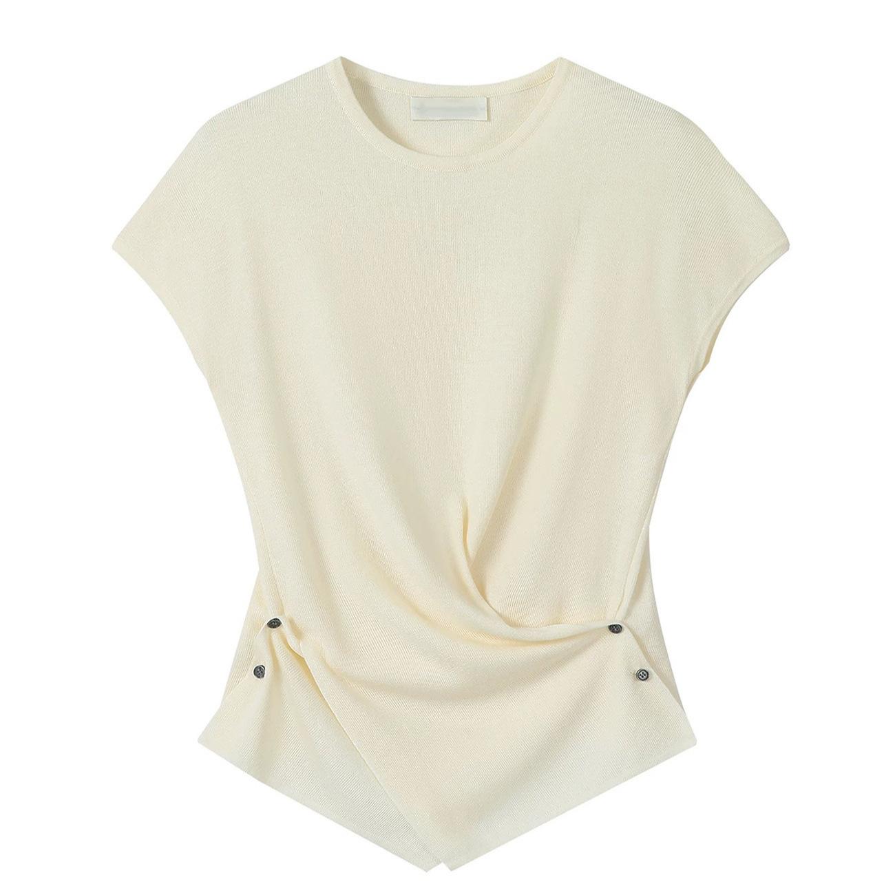 

French Round-neck Knitted Sweater, Summer Thin Sleeveless, Slimming and High-end Top, Short-sleeved Women s T-shirt with A Straight Shoulder One size