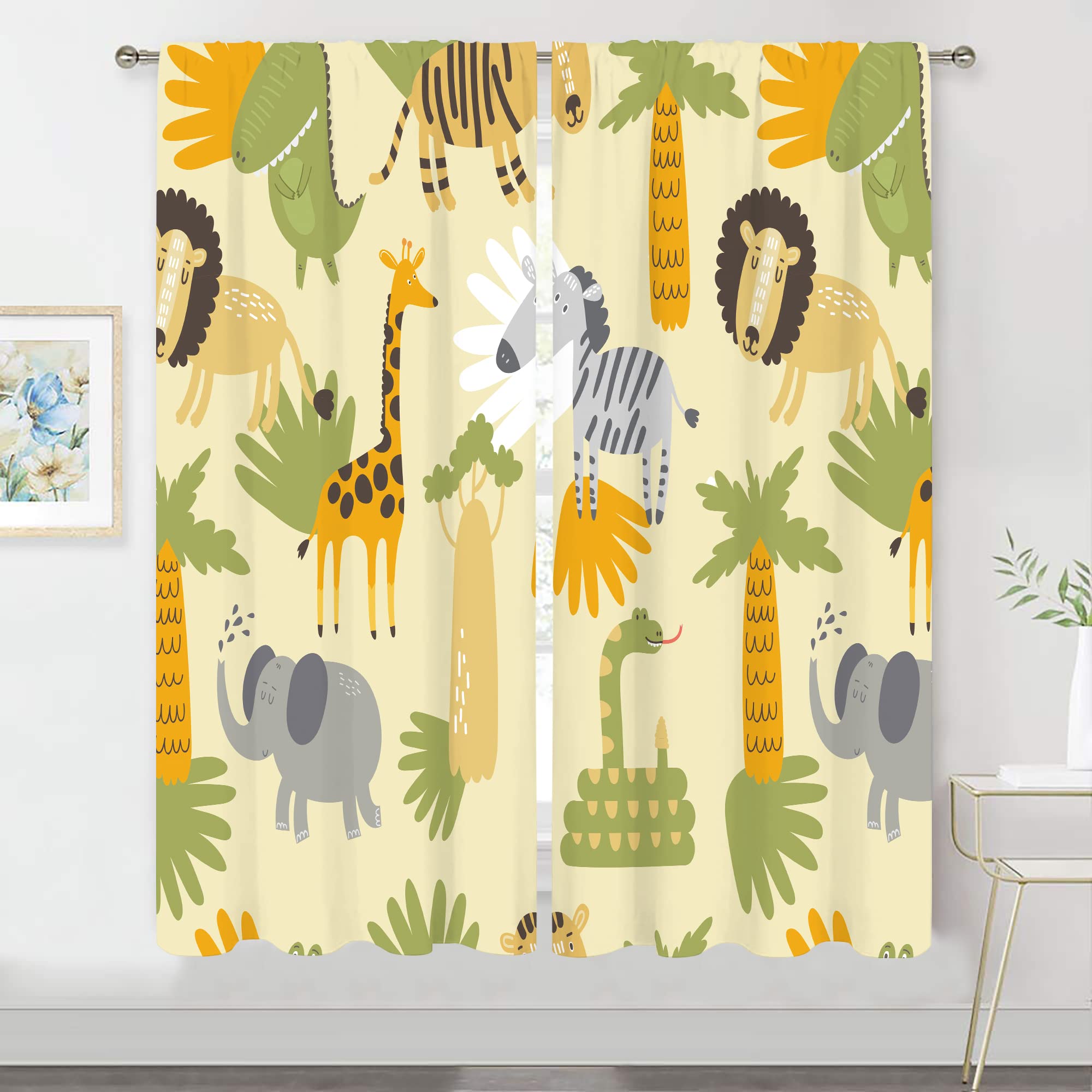

Nursery Safari Animals Curtains Baby Boy Kids Woodland Jungle Forest Lion Printed Curtains for Living Room Bedroom Window Drapes W110H240(CM)x2pcs&HOOK
