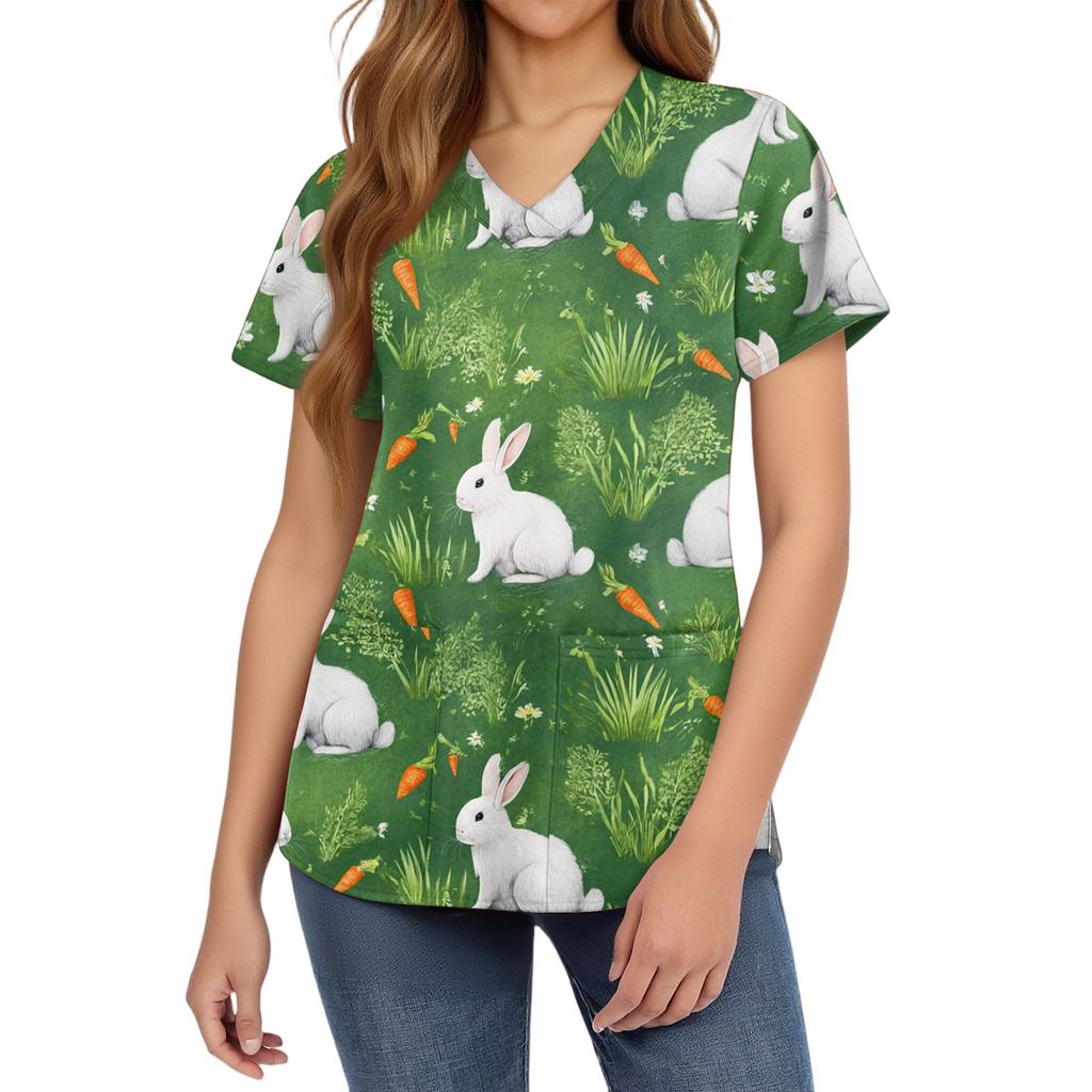 Women's Fashionable V-neck Short-sleeved Work Uniform with Pockets, Easter Print Top, Caregiver Uniform.