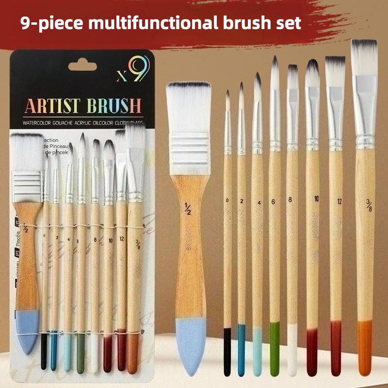 

Набор из 9 масляных щеток для скрабирования, смешанная головка, нейлоновый ворс, для живописи студентов-художников, деревянная короткая ручка, для больших площадей, акварельные порошковые принадлежности