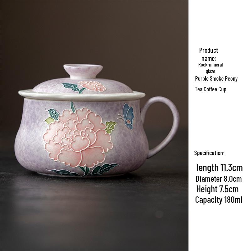 Hand-painted Peony Ceramic Tea Set: Purple Smoke Teapot, Lid Bowl, Master Cup, Tasting Cup, Pot Stand, Cup Mat, Coffee Cup