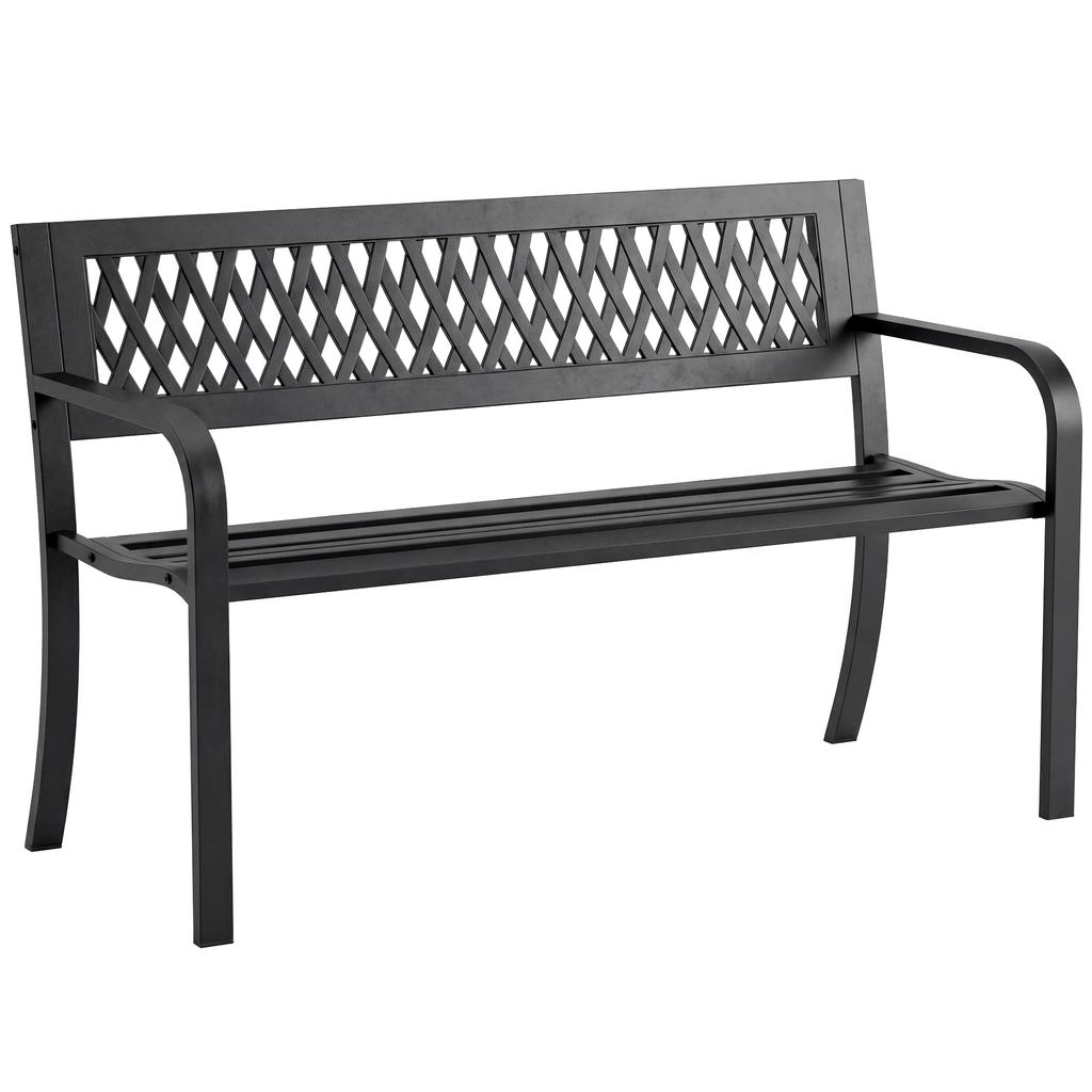 Outdoor Garden Bench 2 Seater Slatted Seat Armrest Steel Frame 119x50x75 Cm Black