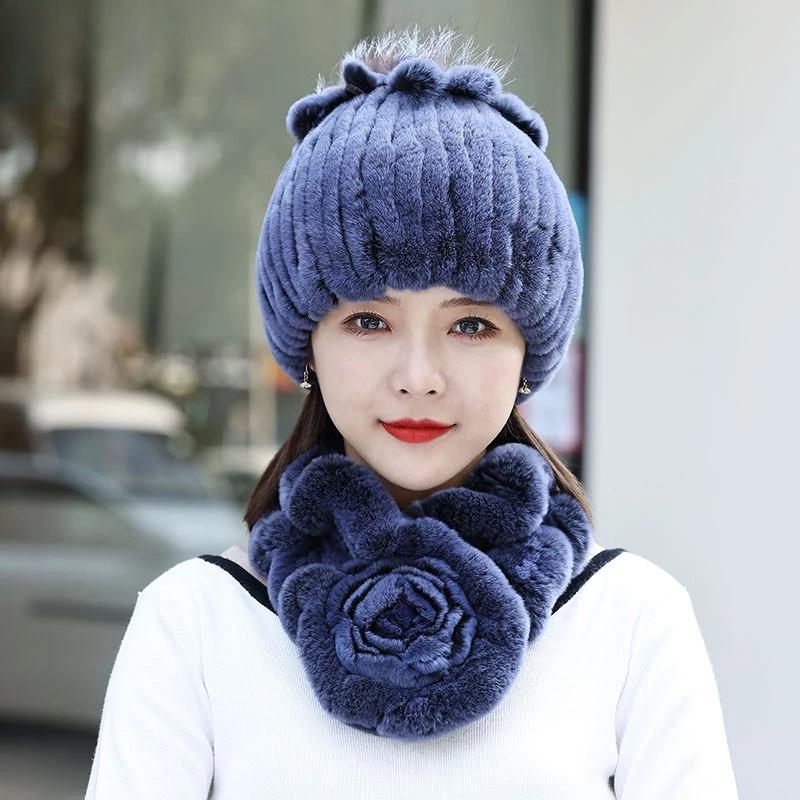 Neue Mode Frauen Winter Echte Rex Kaninchen Pelzmütze Schal Natürliche Weiche Rex Kaninchen Pelz Kappe Schals Sets Für Dame Im Freien warm halten