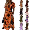 Women's V-Neck Short Sleeve Casual Dress with Halloween Print for Everyday Wear