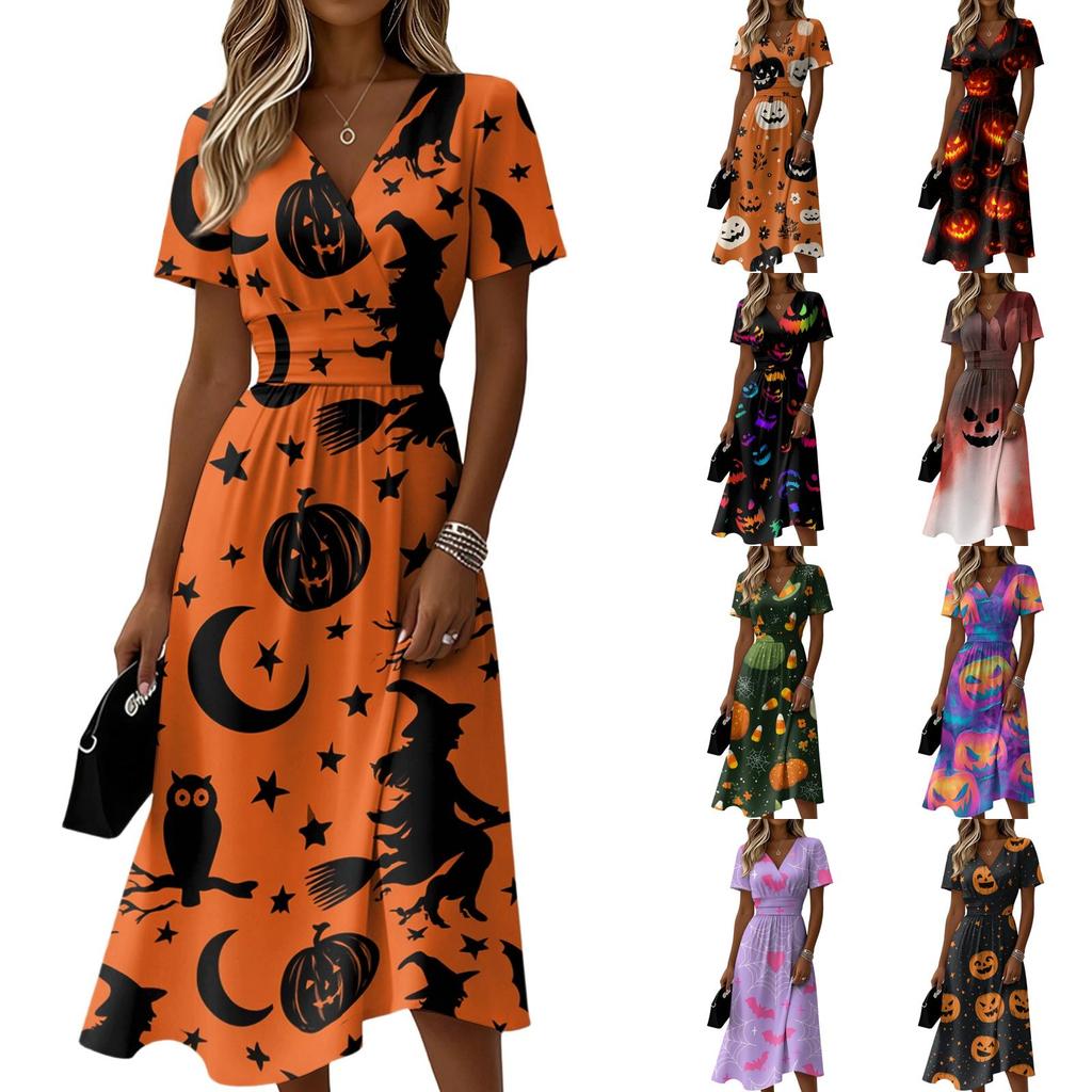 Women's V-Neck Short Sleeve Casual Dress with Halloween Print for Everyday Wear