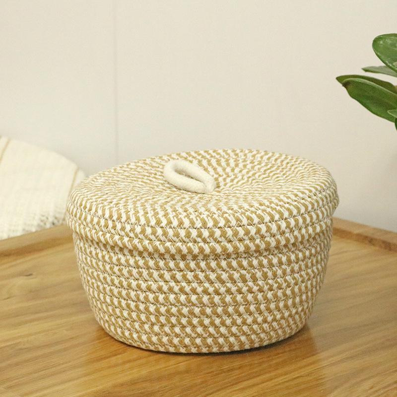 

Cylindrical Cotton Rope Storage Basket with Lid - Multifunctional Desktop Sundries Organizer 15cm Diameter, 20cm Height бежевый